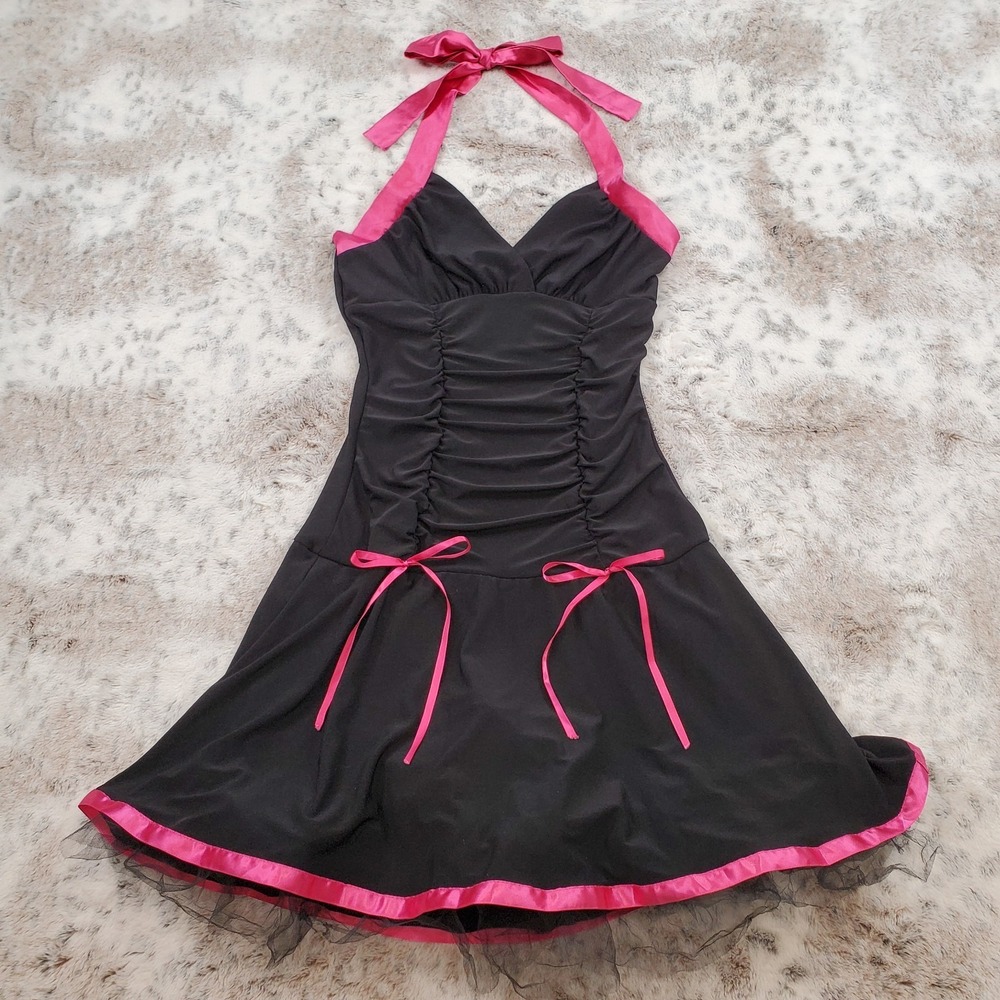 Vtg 90s Y2K Taboo Black Hot Pink Tulle Layered Goth Punk Halter Dress Ruched - M